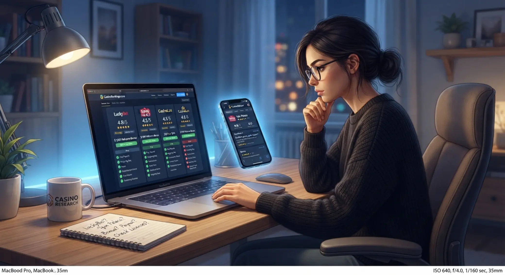 Gracz porównuje opinie o kasynach online na laptopie i telefonie