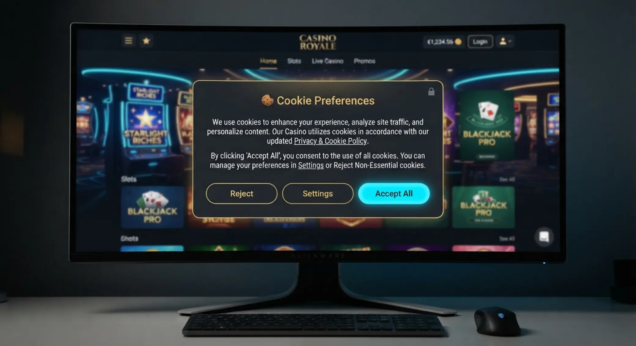Przykładowy baner zgody na cookies w kasynie online