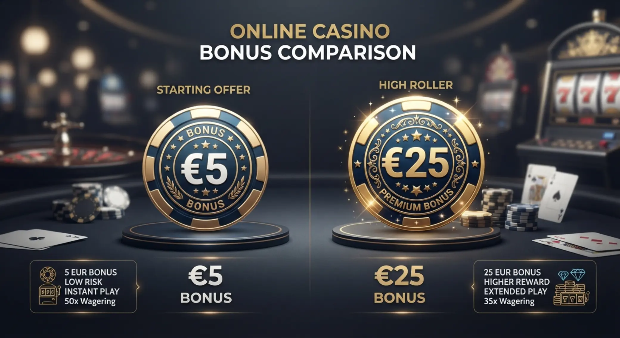 Mały bonus kontra większy bonus Porównanie małego bonusu 5€ i większego bonusu 25€