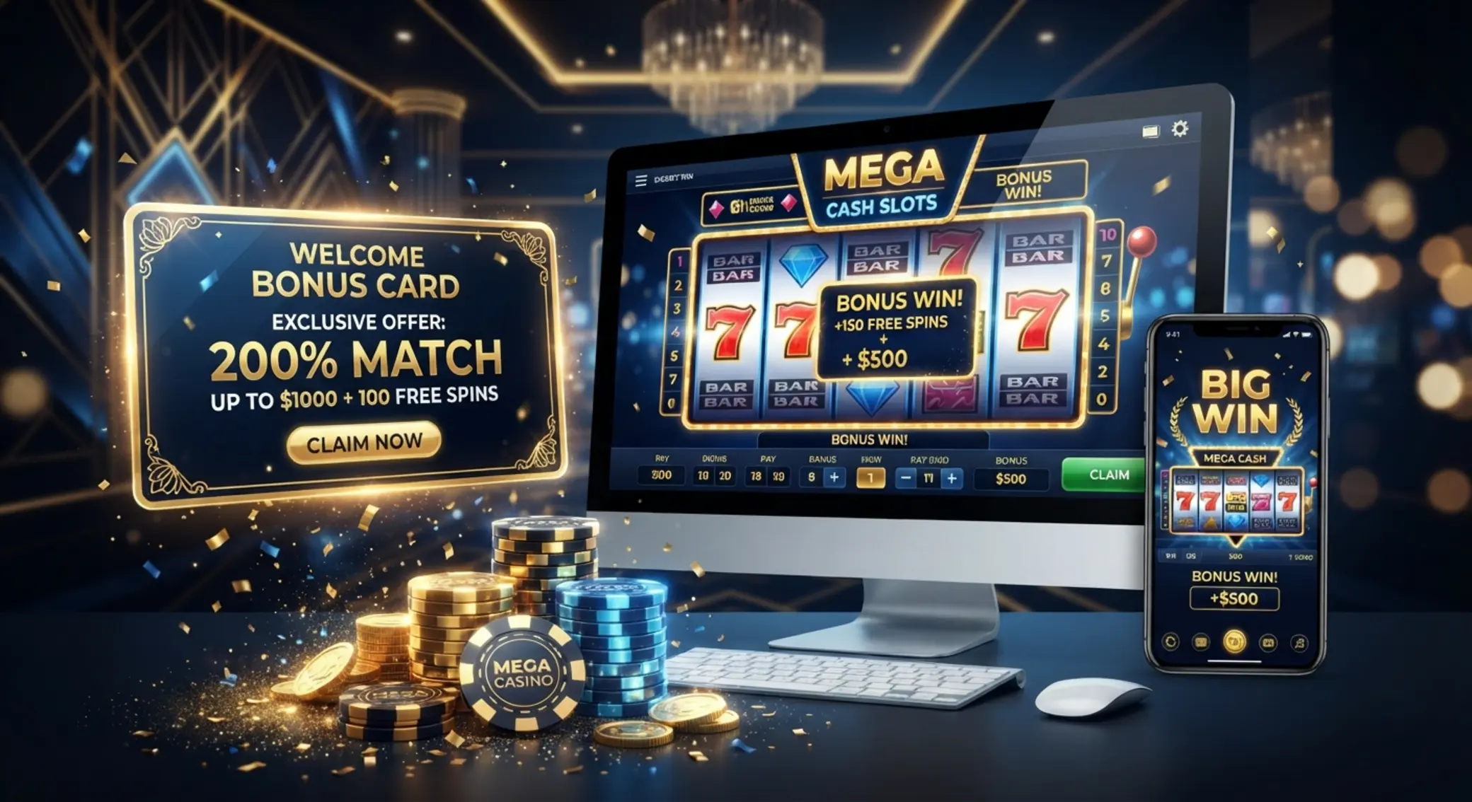 Ilustracja bonusu NV Casino z automatami i ofertą powitalną