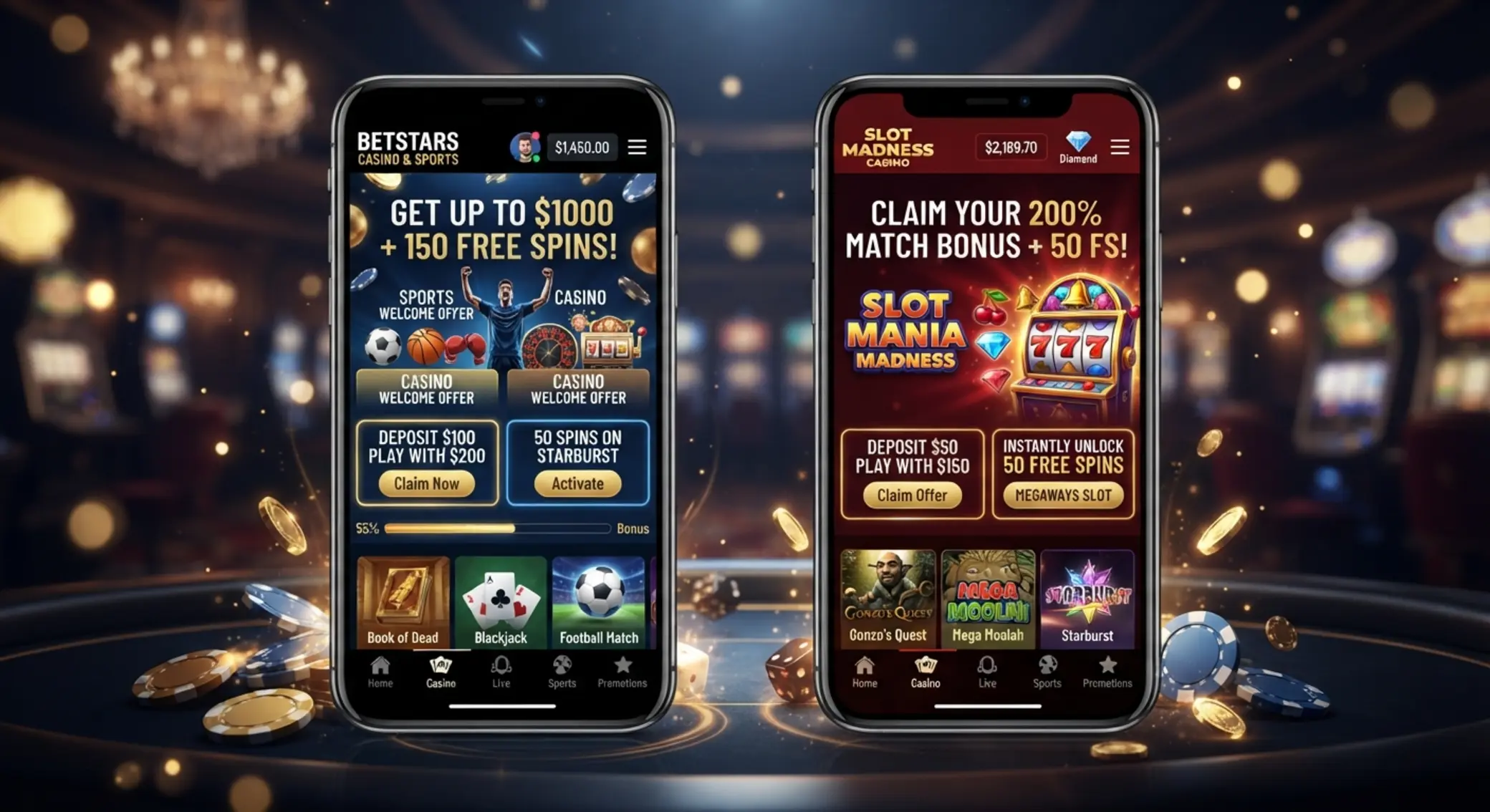 Dwa ekrany z porównaniem ofert bonusowych GGBet i NV Casino