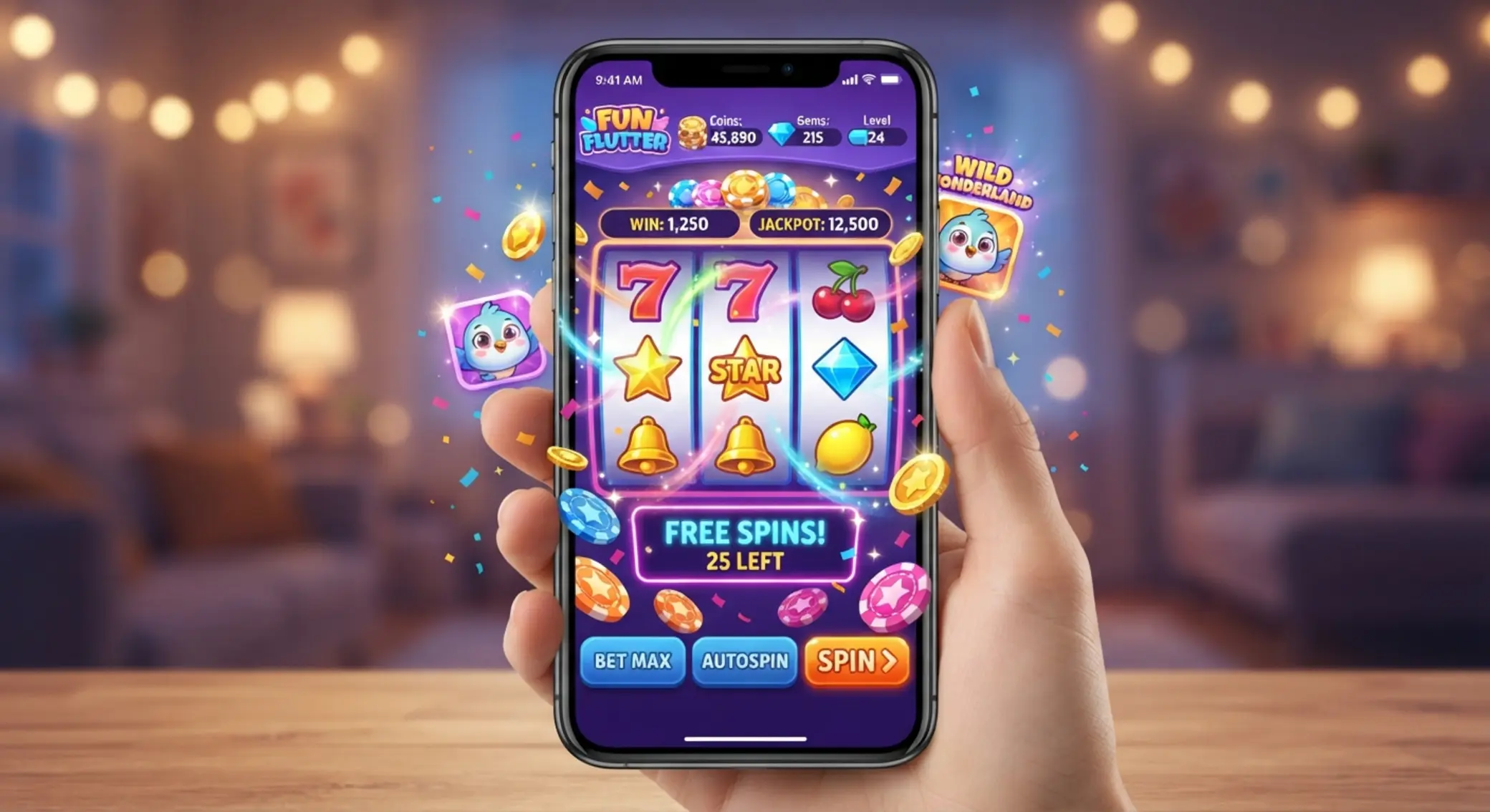 Aplikacja social casino z wirtualnymi monetami i darmowymi spinami