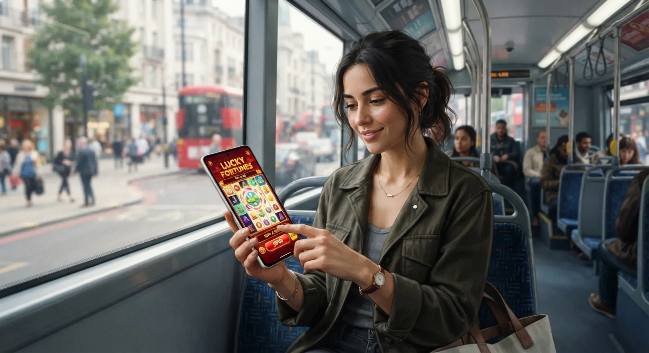 Gracz korzysta ze smartfona z automatem do gry w autobusie