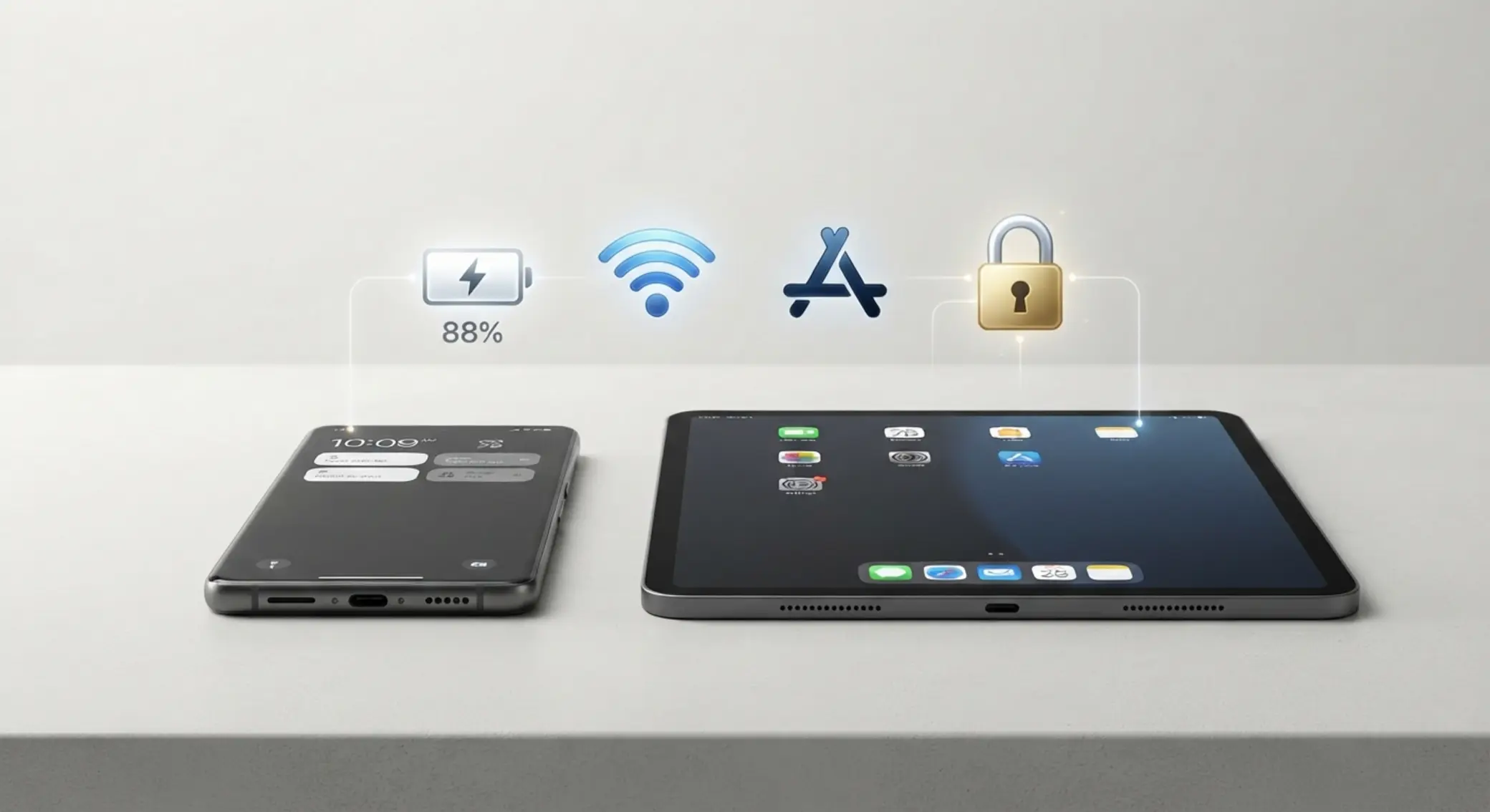 Smartfon i tablet z ikonami baterii, Wi-Fi i zabezpieczeń