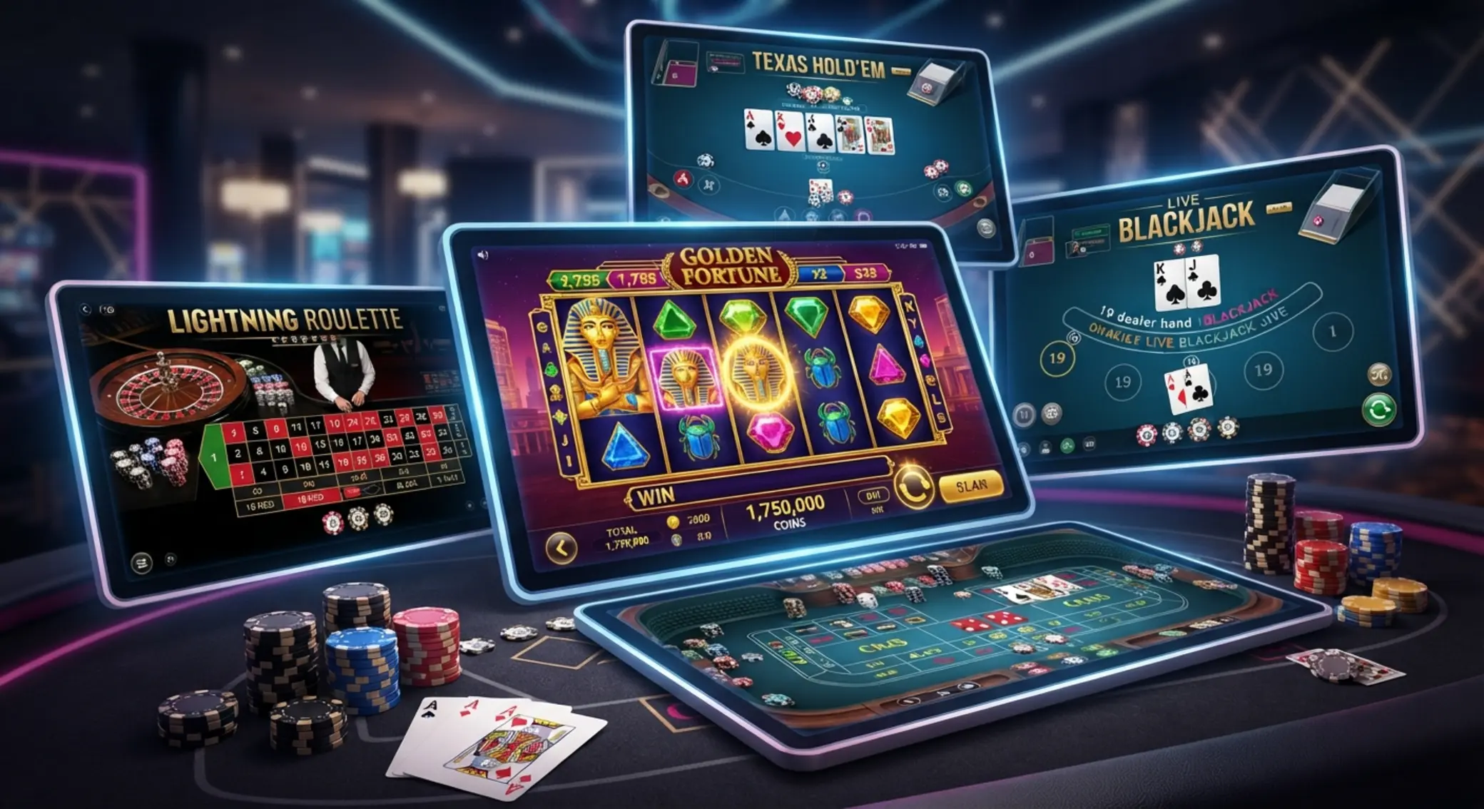 Różne typy gier casino online Kolaż przedstawiający różne gry casino online