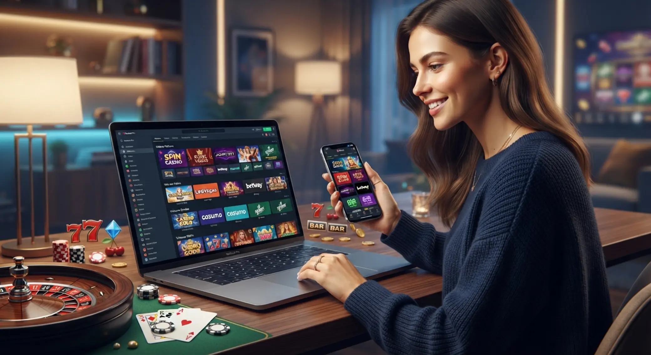 Wybór kasyna online na ekranie laptopa i telefonu